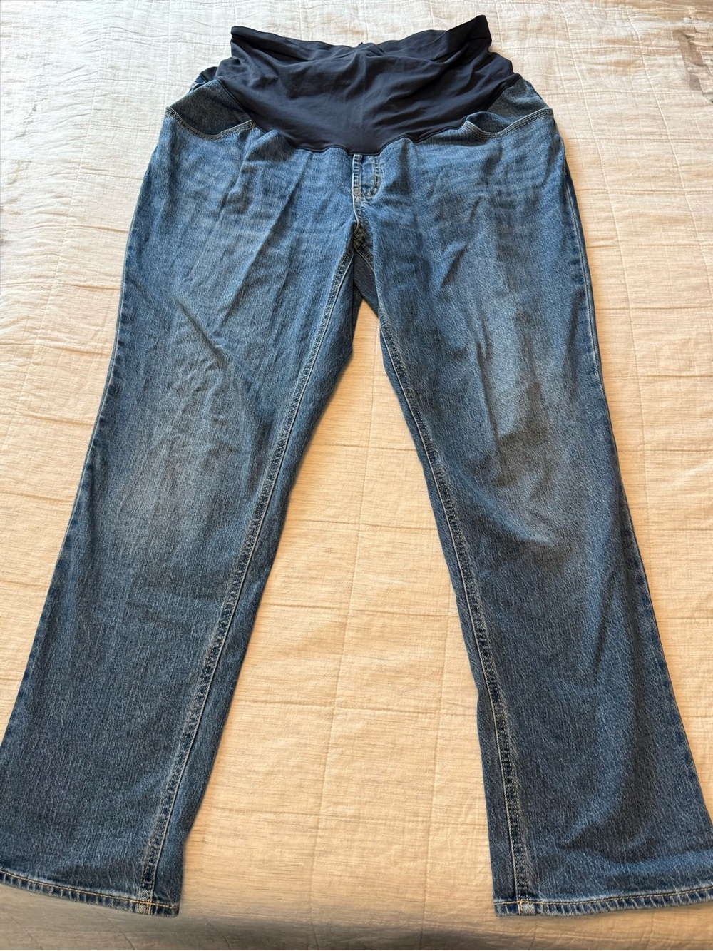 Old Navy Blue Straight-Leg Maternity Jeans with Black Waistband